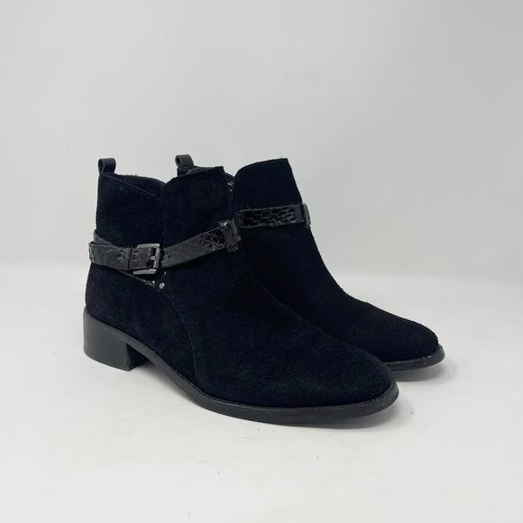 Donald Pliner Black Suede Leather Zita Side Zip Snakeskin Leather‎ Strap Booties - Picture 1 of 10
